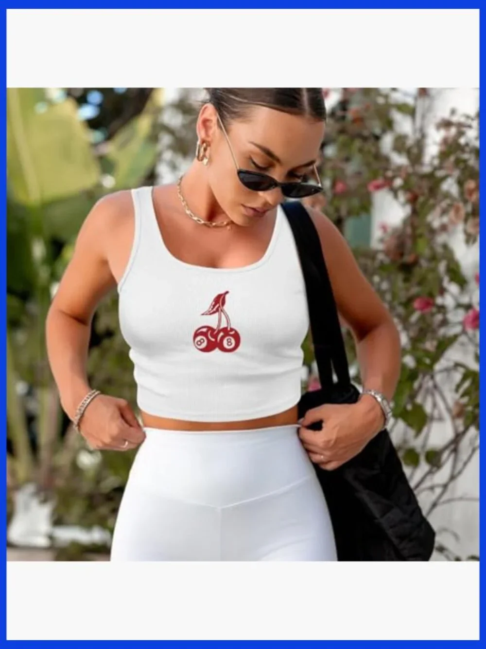 Cherry 8-Ball Graphic Ribbed Cropped Tank Top, Sleeveless Y2K Summer Tee - Picture 3 of 7